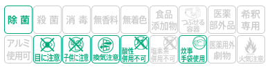 icon-除菌・目に注意・子供に注意・換気注意・酸性併用不可・炊事手袋使用